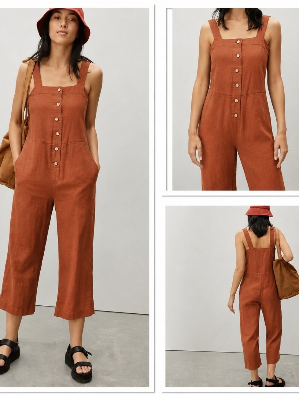 Everlane Linen Jumpsuit Honey Orange Sienna Pockets Crop Wide Leg Overalls